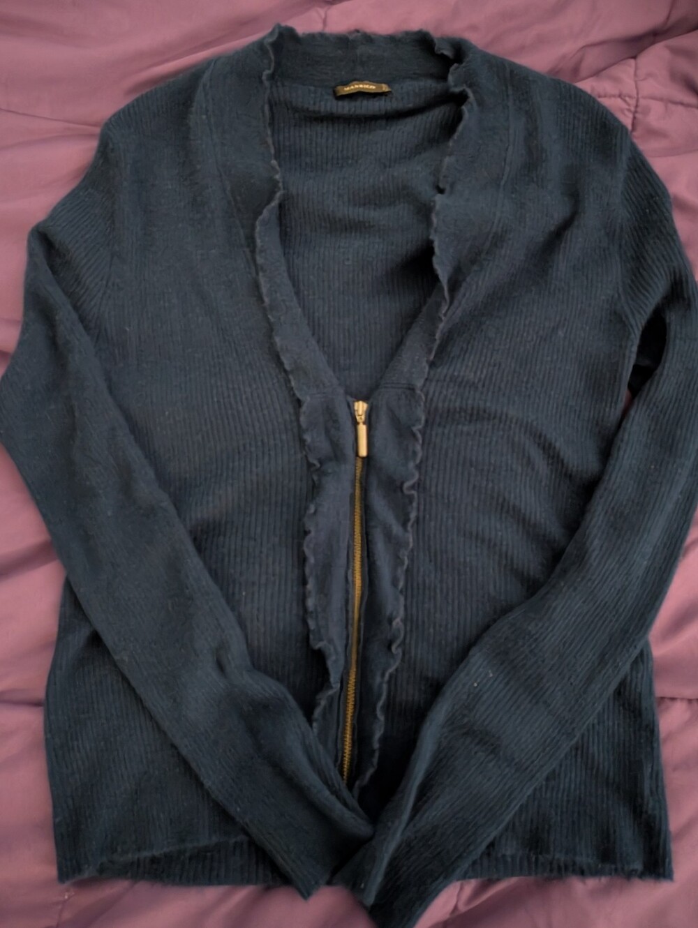 Manrico Cashmere Silk Ruffle Trim Zip Up Cardigan Sweater Navy Blue L